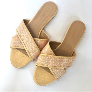 J Crew glitter gold slip on slides/flats, size 10